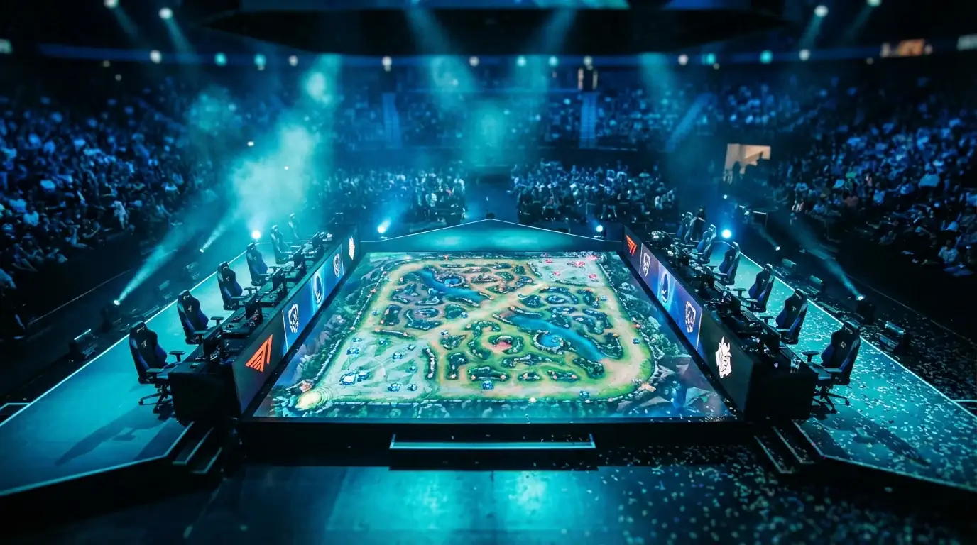 Analiză pariuri League of Legends: grafice de cote și harta Summoner's Rift pe fundal digital