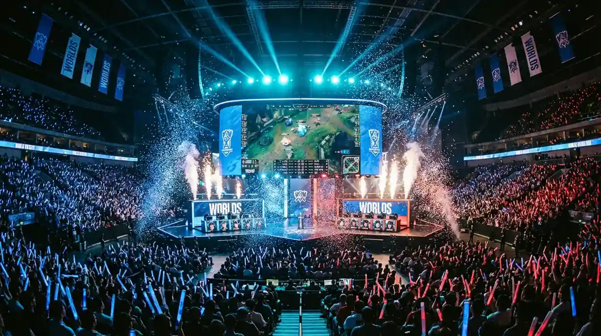 Arena de turneu esports League of Legends Worlds cu scena și ecrane mari